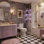 Bathroom with a lavender vanity, floral wallpaper, gold mirror and fixtures, checkerboard floor, blush pink bath rug, apothecary shelves, and a warm white tub with decorative accessories.