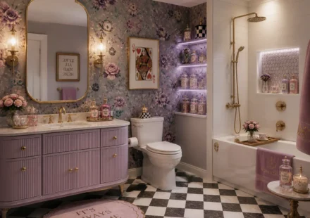 Bathroom with a lavender vanity, floral wallpaper, gold mirror and fixtures, checkerboard floor, blush pink bath rug, apothecary shelves, and a warm white tub with decorative accessories.