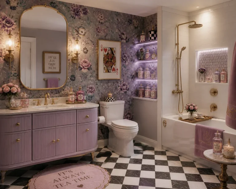 Bathroom with a lavender vanity, floral wallpaper, gold mirror and fixtures, checkerboard floor, blush pink bath rug, apothecary shelves, and a warm white tub with decorative accessories.