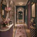 A hallway featuring a lavender console cabinet, blush pink floral runner rug, teal floral wallpaper, gold mirrors and lighting, framed playing card art, checkerboard accents, and a rabbit figurine beside a small pedestal table.