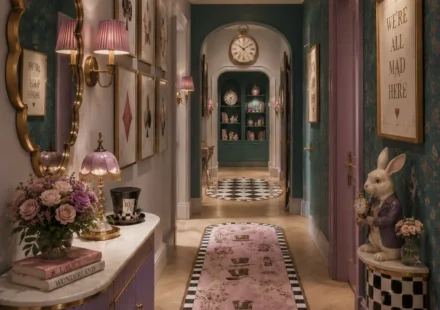 A hallway featuring a lavender console cabinet, blush pink floral runner rug, teal floral wallpaper, gold mirrors and lighting, framed playing card art, checkerboard accents, and a rabbit figurine beside a small pedestal table.