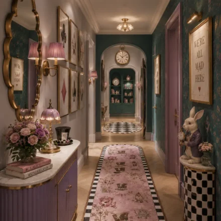 A hallway featuring a lavender console cabinet, blush pink floral runner rug, teal floral wallpaper, gold mirrors and lighting, framed playing card art, checkerboard accents, and a rabbit figurine beside a small pedestal table.