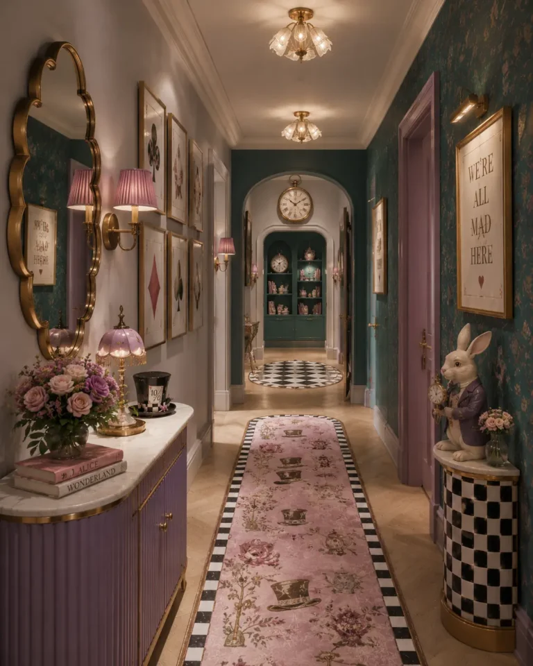 A hallway featuring a lavender console cabinet, blush pink floral runner rug, teal floral wallpaper, gold mirrors and lighting, framed playing card art, checkerboard accents, and a rabbit figurine beside a small pedestal table.