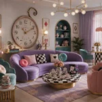Alice in Wonderland inspired living room featuring a curved lavender sofa, teal and blush pink scalloped accent chairs, a black-and-white checkerboard coffee table, oversized tea-time wall clock, playing card artwork, tea sets, and gold-accented lighting.