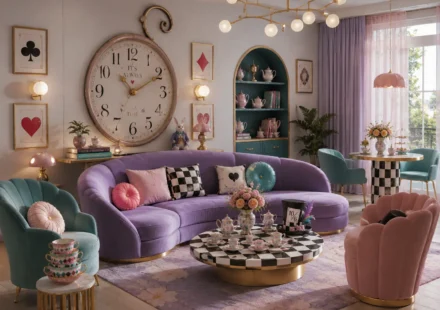 Alice in Wonderland inspired living room featuring a curved lavender sofa, teal and blush pink scalloped accent chairs, a black-and-white checkerboard coffee table, oversized tea-time wall clock, playing card artwork, tea sets, and gold-accented lighting.