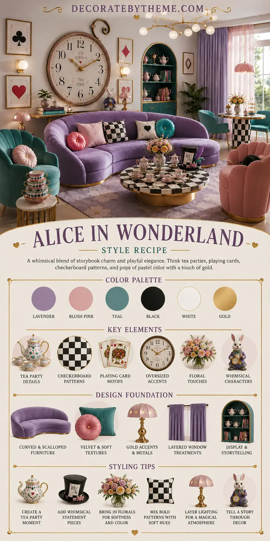 Alice in Wonderland living room style recipe infographic showing a lavender, blush pink, teal, black and white, and gold color palette alongside furniture, decor, lighting, patterns, and styling recommendations inspired by the storybook theme.