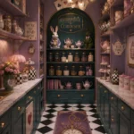 A pantry interior displays lavender shelving, deep teal cabinets, floral tea sets, labeled glass jars, checkerboard flooring, gold hardware, playing card decorations, and a white rabbit figure arranged around a decorative wall sign.