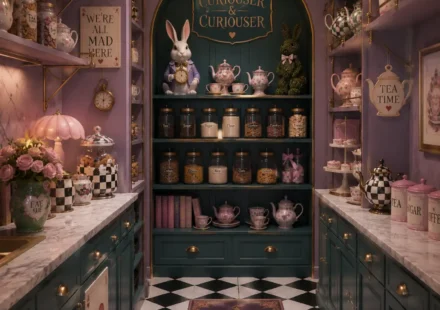 A pantry interior displays lavender shelving, deep teal cabinets, floral tea sets, labeled glass jars, checkerboard flooring, gold hardware, playing card decorations, and a white rabbit figure arranged around a decorative wall sign.