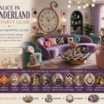 Alice in Wonderland-inspired living room with a lavender curved sofa, checkerboard coffee table, oversized pocket-watch wall clock, pastel seating, tea-party decor, and artisan shopping guide graphics.