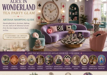 Alice in Wonderland-inspired living room with a lavender curved sofa, checkerboard coffee table, oversized pocket-watch wall clock, pastel seating, tea-party decor, and artisan shopping guide graphics.
