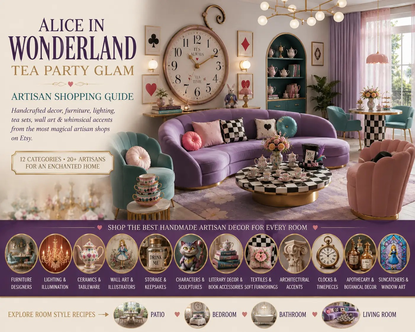 Alice in Wonderland-inspired living room with a lavender curved sofa, checkerboard coffee table, oversized pocket-watch wall clock, pastel seating, tea-party decor, and artisan shopping guide graphics.