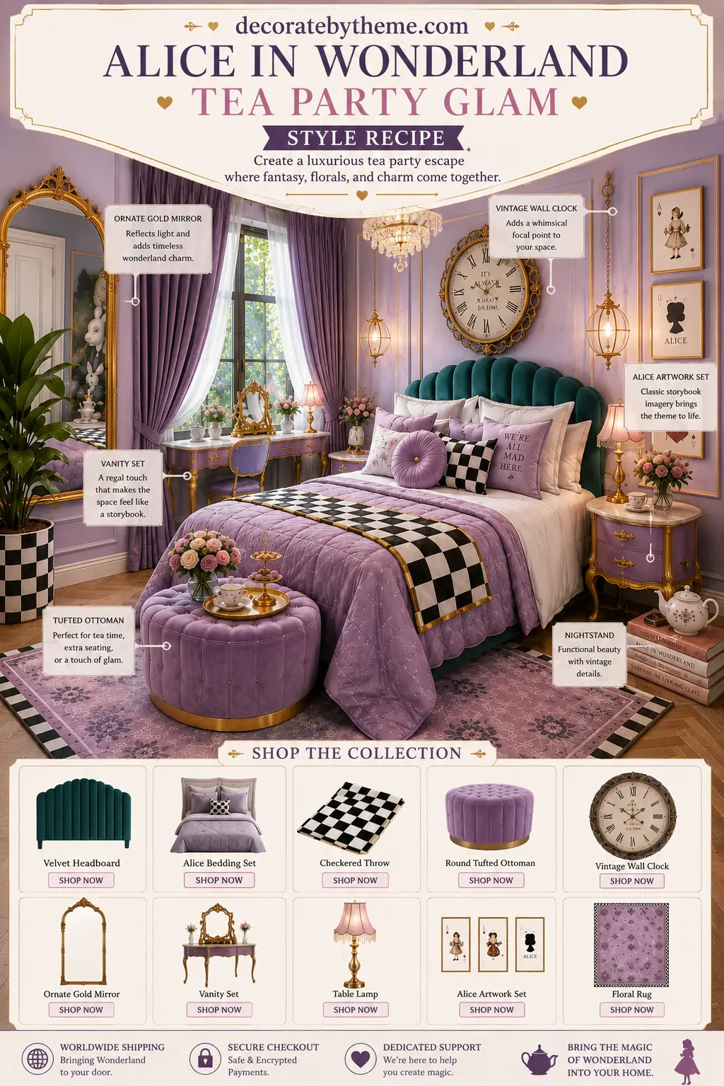 Lavender bedroom with a teal velvet headboard, checkerboard throw blanket, tufted lavender ottoman, ornate gold mirror, vintage vanity, oversized wall clock, floral rug, and Alice-themed artwork.