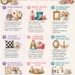 Illustrated infographic showing nine decorating mistakes for an Alice in Wonderland Tea Party Glam interior, including theme overload, bright cartoon colors, lack of warm white foundation, excessive checkerboard patterns, character merchandise, missing gold accents, flat decor, cluttered surfaces, and mixed metallic finishes.