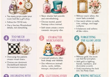 Illustrated infographic showing nine decorating mistakes for an Alice in Wonderland Tea Party Glam interior, including theme overload, bright cartoon colors, lack of warm white foundation, excessive checkerboard patterns, character merchandise, missing gold accents, flat decor, cluttered surfaces, and mixed metallic finishes.