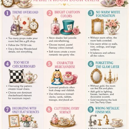 Illustrated infographic showing nine decorating mistakes for an Alice in Wonderland Tea Party Glam interior, including theme overload, bright cartoon colors, lack of warm white foundation, excessive checkerboard patterns, character merchandise, missing gold accents, flat decor, cluttered surfaces, and mixed metallic finishes.