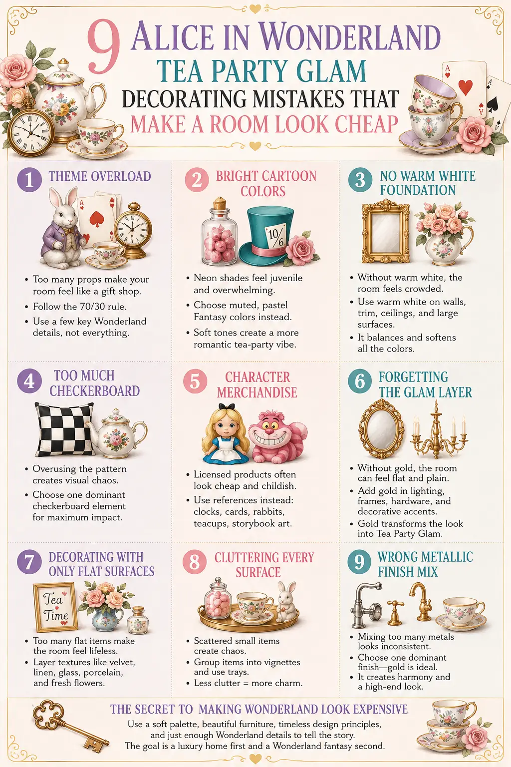 Illustrated infographic showing nine decorating mistakes for an Alice in Wonderland Tea Party Glam interior, including theme overload, bright cartoon colors, lack of warm white foundation, excessive checkerboard patterns, character merchandise, missing gold accents, flat decor, cluttered surfaces, and mixed metallic finishes.