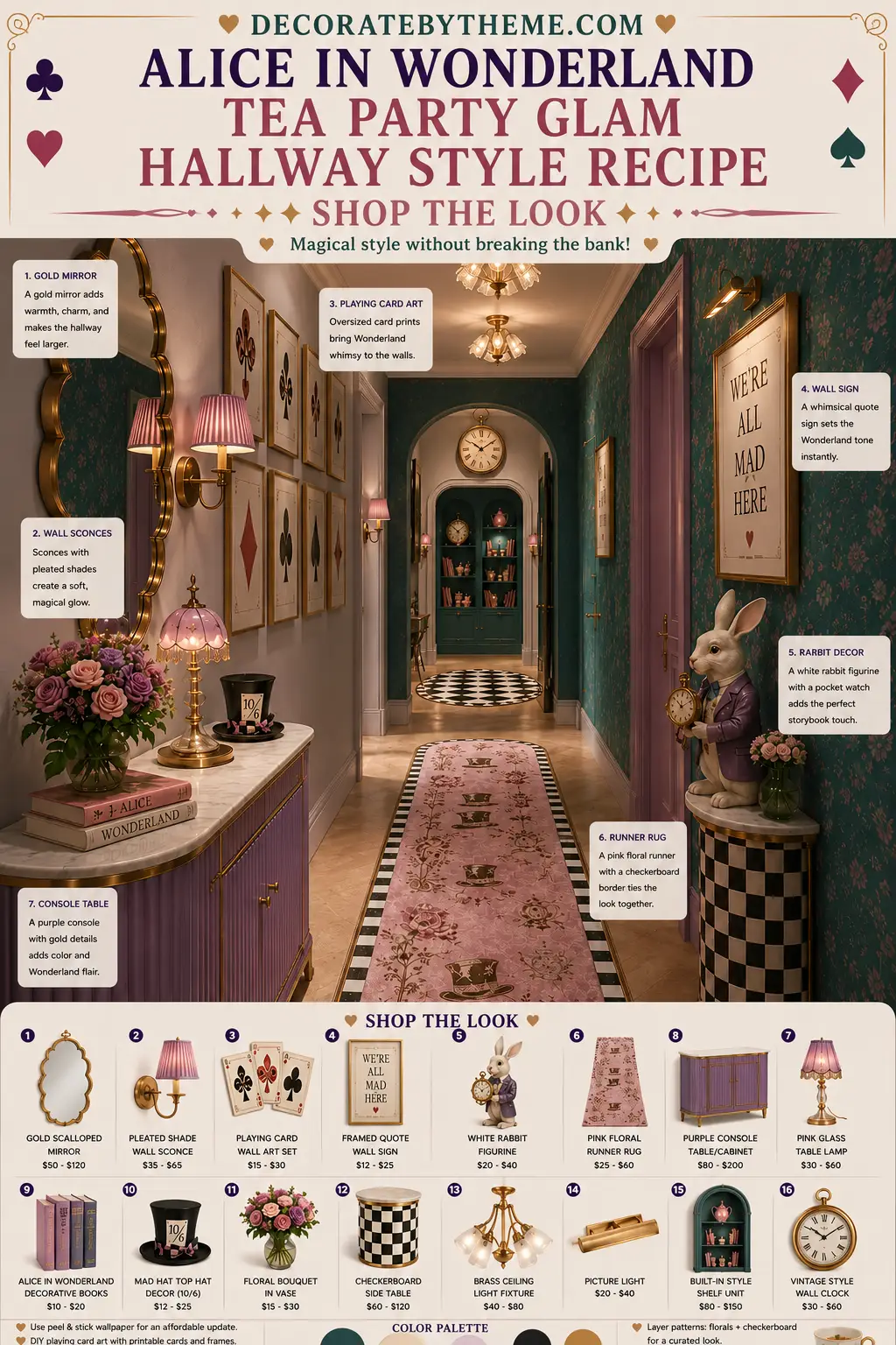 A decorated hallway with lavender cabinetry, teal floral wallpaper, gold mirrors and sconces, framed playing card artwork, a blush pink runner rug, checkerboard accents, and a white rabbit figurine holding a pocket watch.