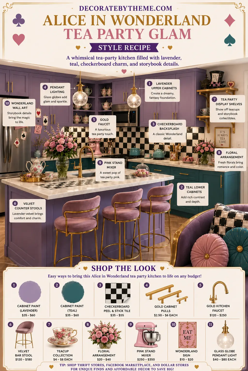 Kitchen with lavender cabinets, teal lower cabinetry, blush pink bar stools, checkerboard backsplash, gold faucet, floral arrangements, tea-party decor, and globe pendant lighting above a kitchen island.