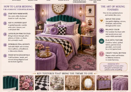 An interior design infographic displays a lavender and teal Wonderland-inspired bedroom alongside color palette samples, bedding layering instructions, texture examples, material care tips, finish-mixing guidance, and sourcing recommendations for a Tea Party Glam decorating theme.
