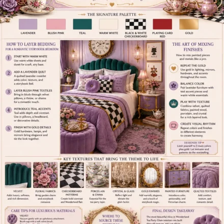 An interior design infographic displays a lavender and teal Wonderland-inspired bedroom alongside color palette samples, bedding layering instructions, texture examples, material care tips, finish-mixing guidance, and sourcing recommendations for a Tea Party Glam decorating theme.