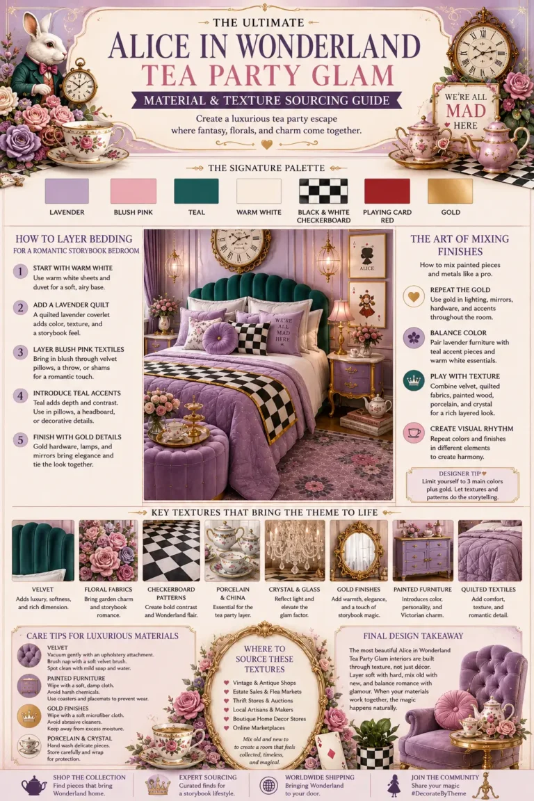 An interior design infographic displays a lavender and teal Wonderland-inspired bedroom alongside color palette samples, bedding layering instructions, texture examples, material care tips, finish-mixing guidance, and sourcing recommendations for a Tea Party Glam decorating theme.