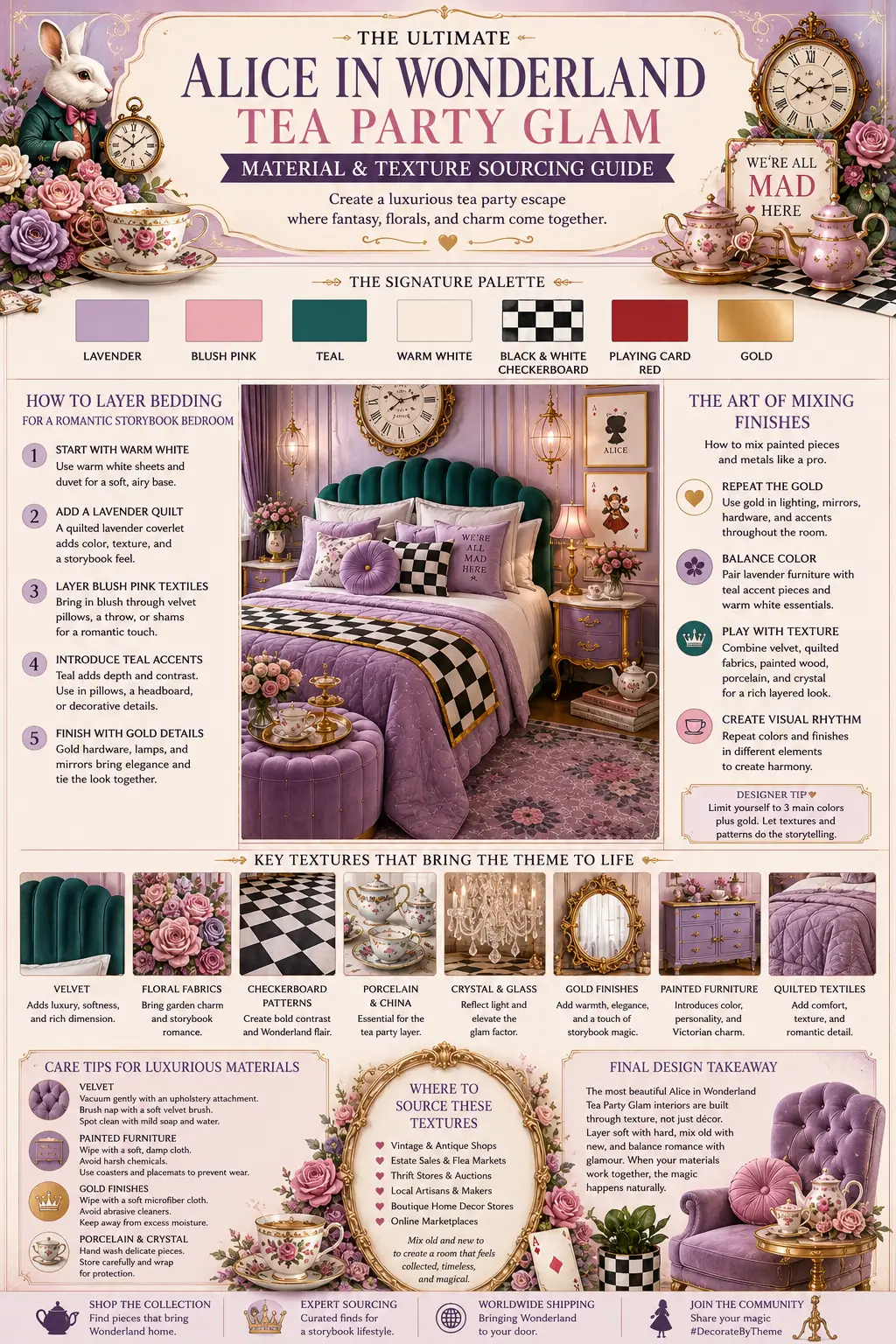 An interior design infographic displays a lavender and teal Wonderland-inspired bedroom alongside color palette samples, bedding layering instructions, texture examples, material care tips, finish-mixing guidance, and sourcing recommendations for a Tea Party Glam decorating theme.