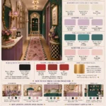 Illustrated paint color guide featuring an Alice in Wonderland Tea Party Glam hallway alongside color swatches for warm white, lavender, teal, blush pink, black and white, playing card red, and gold accents, with room examples and lighting recommendations.