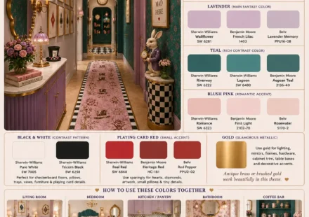 Illustrated paint color guide featuring an Alice in Wonderland Tea Party Glam hallway alongside color swatches for warm white, lavender, teal, blush pink, black and white, playing card red, and gold accents, with room examples and lighting recommendations.