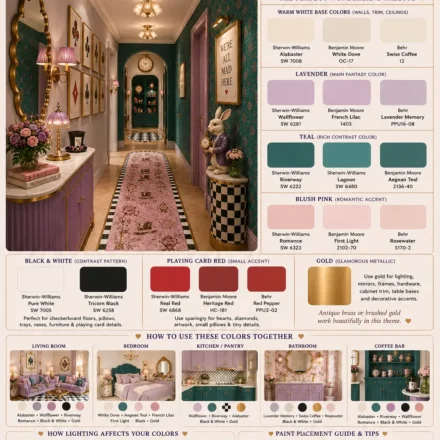 Illustrated paint color guide featuring an Alice in Wonderland Tea Party Glam hallway alongside color swatches for warm white, lavender, teal, blush pink, black and white, playing card red, and gold accents, with room examples and lighting recommendations.