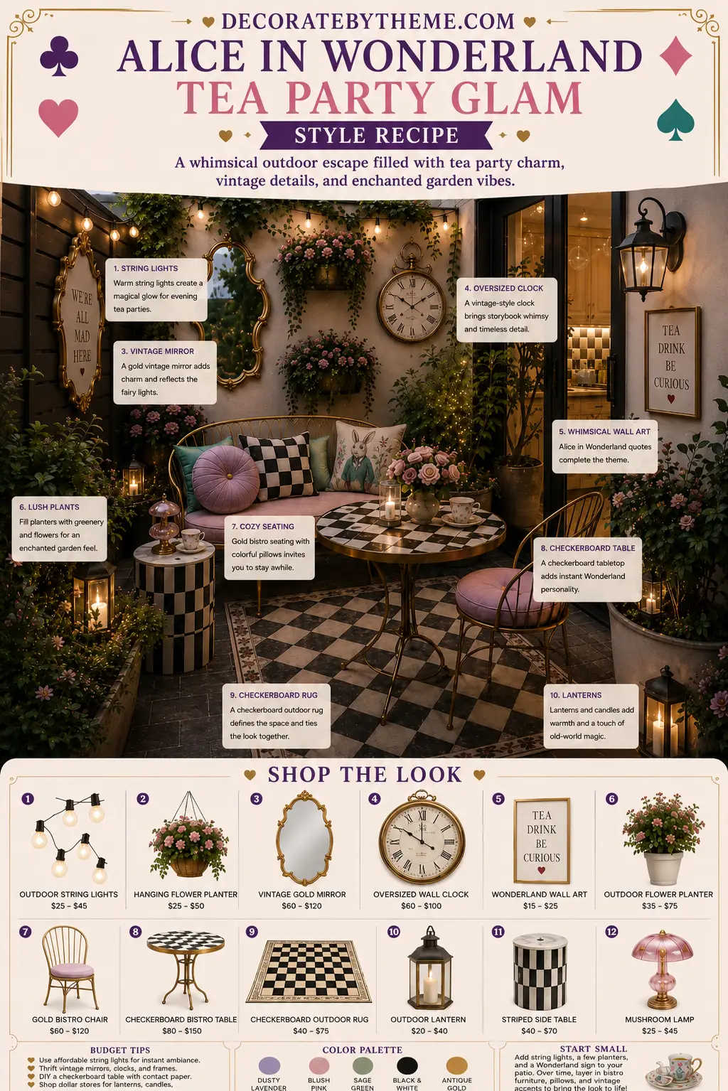 A small outdoor patio features gold bistro seating around a black-and-white checkerboard table, surrounded by flowering planters, string lights, lanterns, wall art, a vintage mirror, and a large wall clock.