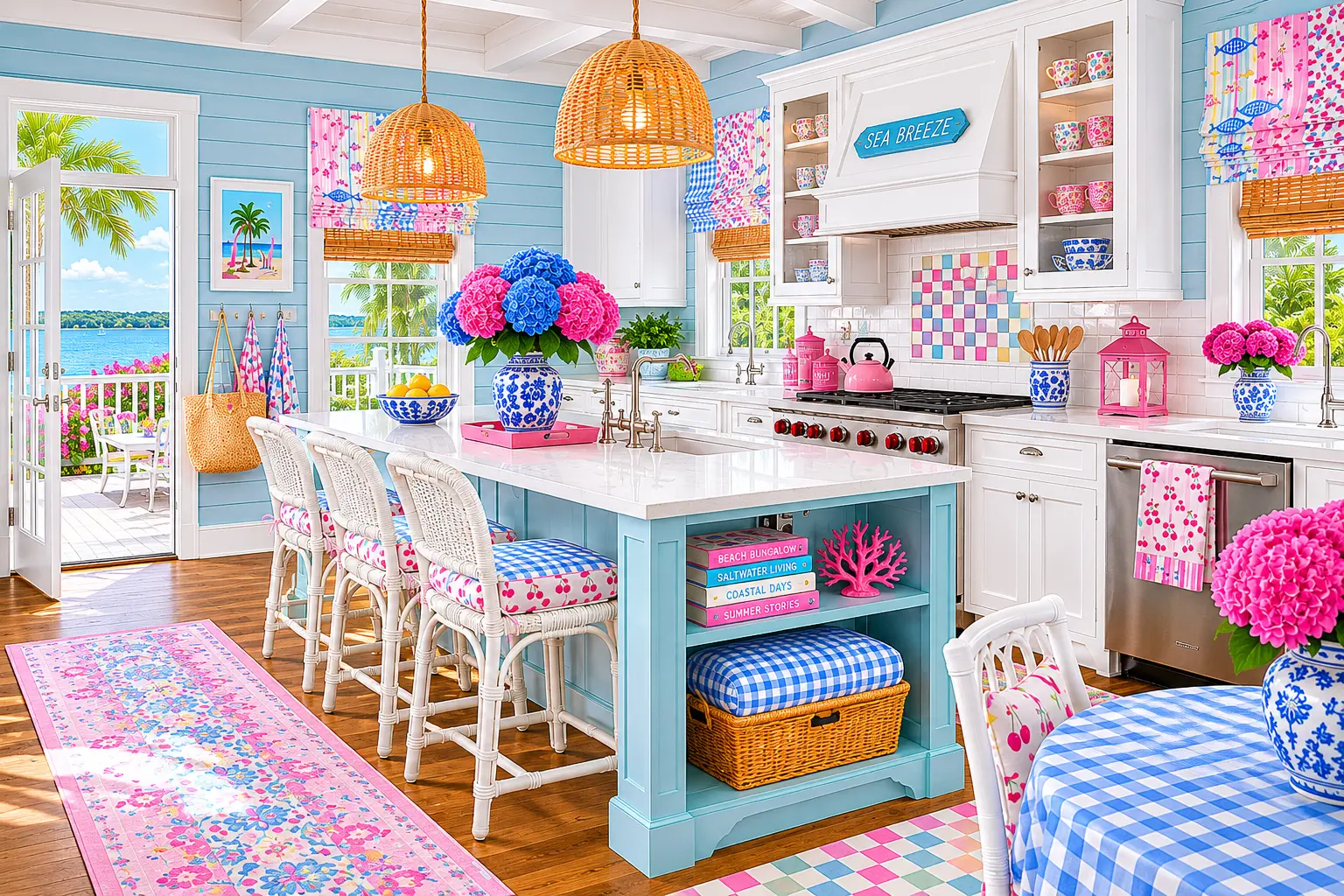 coastal cottage kitchen with blue washed plank walls, white cabinetry, colorful pink and blue patterned accents, wicker lighting, and beach-inspired decor