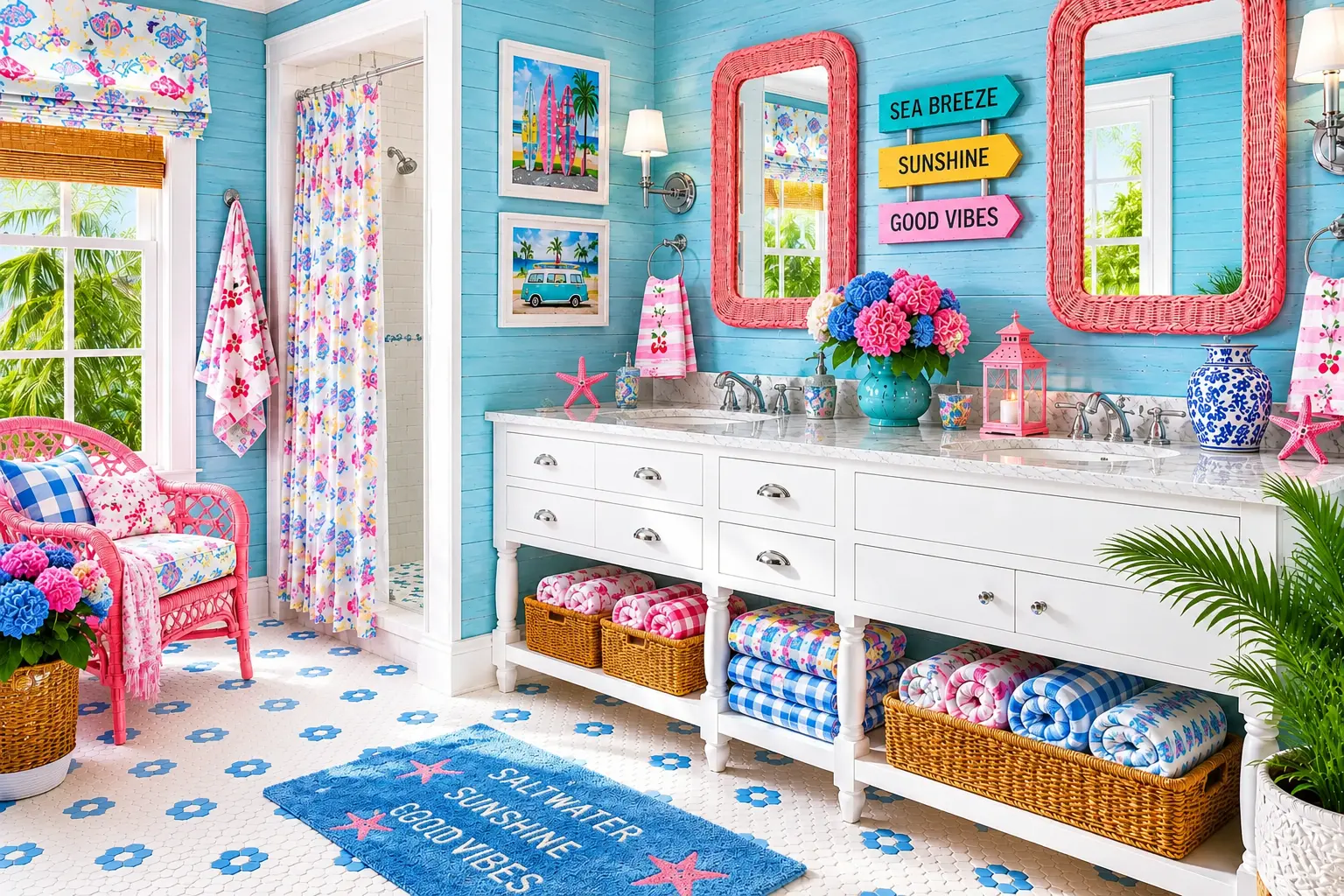 coastal cottage bathroom with weathered blue plank walls, colorful floral textiles, pink wicker mirrors, beach artwork, and bright summer decor