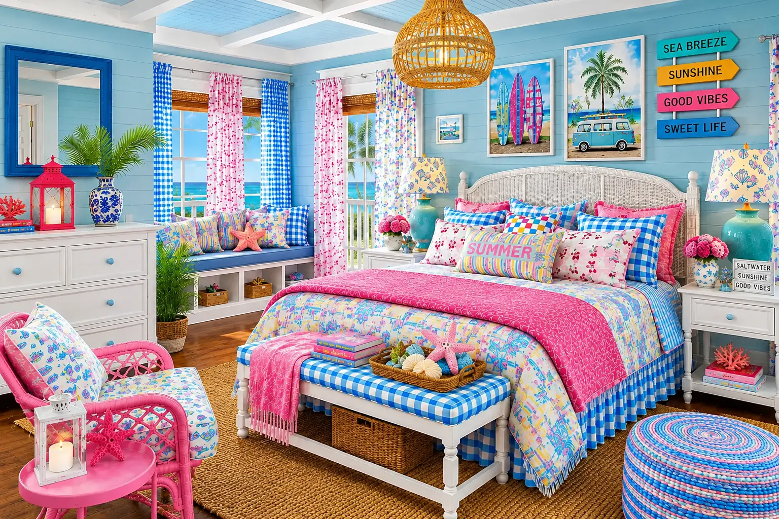 bright coastal cottage bedroom with blue plank walls, colorful patchwork bedding, wicker bed, beach-themed artwork, and pink and blue summer accents