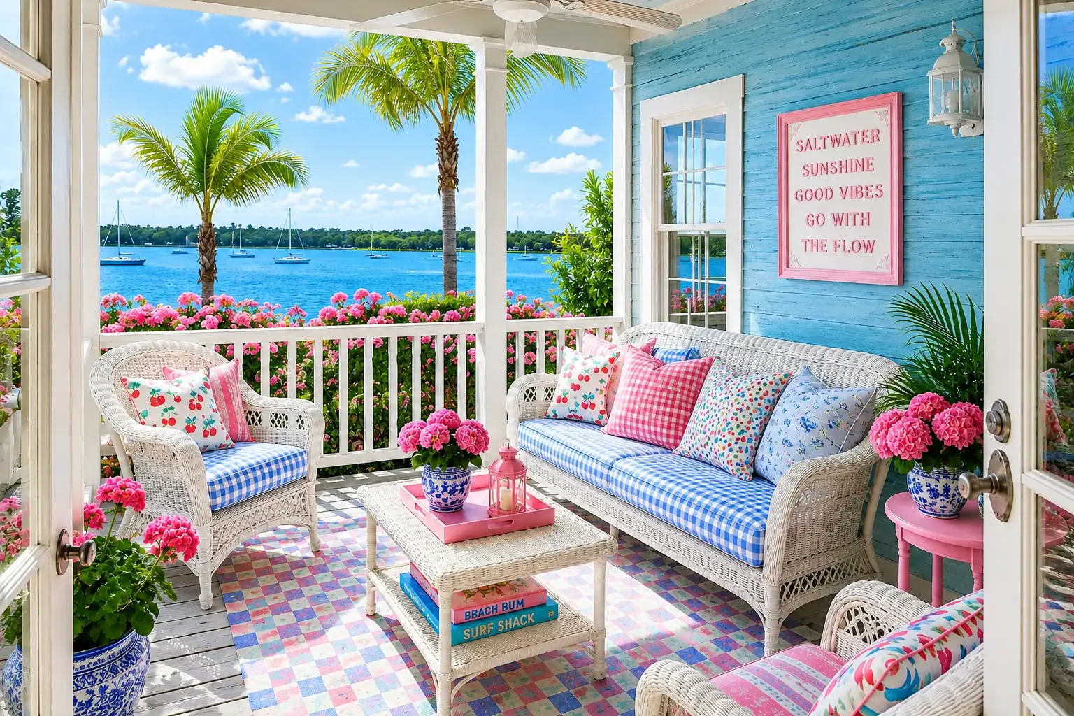 coastal cottage patio with wicker seating, colorful pink and blue cushions, weathered blue plank walls, waterfront views, and summer beach decor