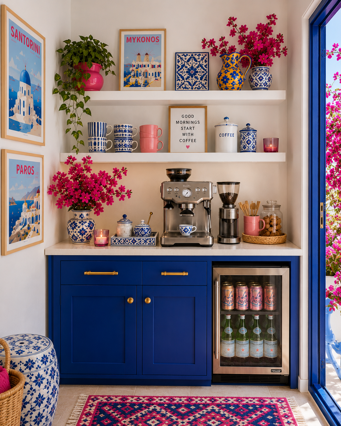 Greek Color Pop Coastal coffee bar with cobalt blue cabinetry, pink bougainvillea, colorful Mediterranean pottery, patterned mugs, woven textures, and bright Greek island-inspired decor.