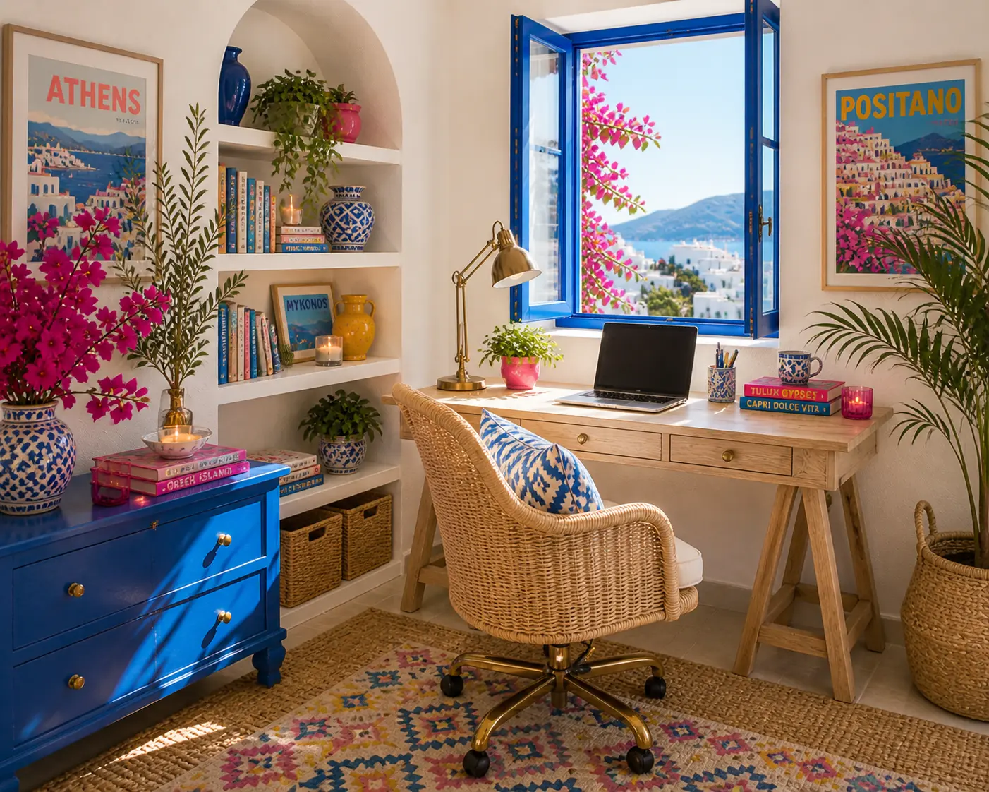 Greek Color Pop Coastal desk featuring cobalt blue accents, pink bougainvillea, colorful Mediterranean decor, woven textures, bright artwork, and a cheerful Greek island-inspired workspace.