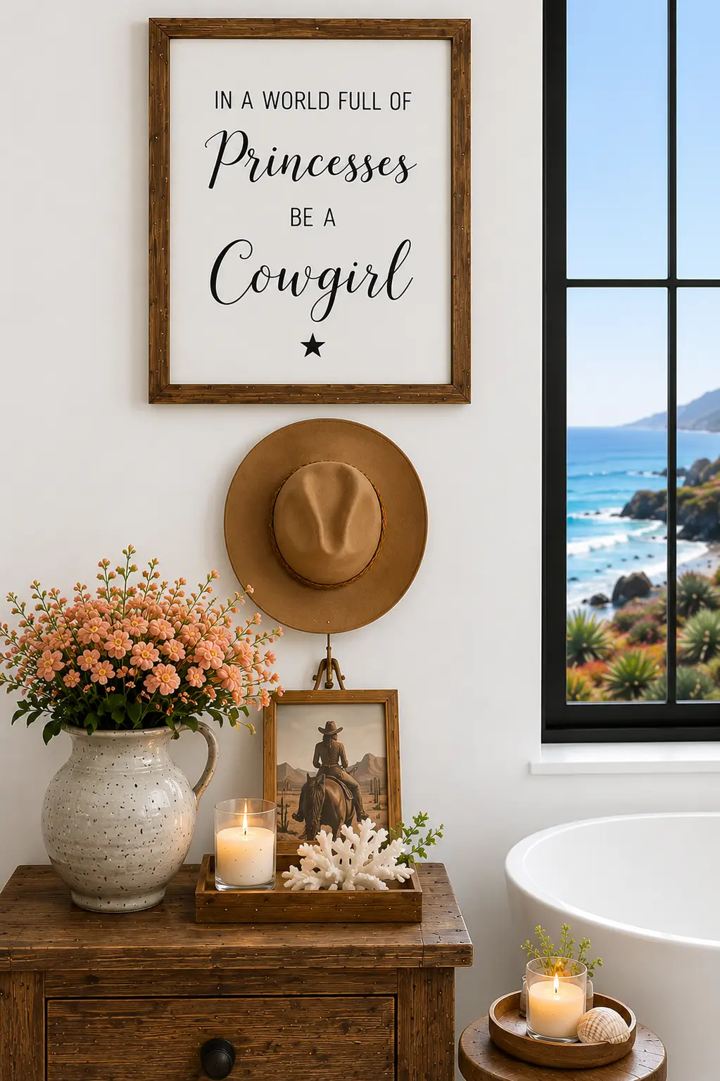 A rustic wood bathroom cabinet is styled with a ceramic vase of blush flowers, a candle, coral decor, a framed cowgirl photograph, and a tan cowboy hat mounted beneath a wall sign, beside a freestanding bathtub and black-framed window overlooking the coastline.