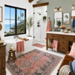 A bathroom with a freestanding tub beneath a large black-framed window overlooking the coast, a rustic wood double vanity, black fixtures, pink patterned rugs and towels, fresh flowers, coastal artwork, and a leather seating area with blue accent pillows.