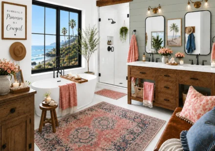 A bathroom with a freestanding tub beneath a large black-framed window overlooking the coast, a rustic wood double vanity, black fixtures, pink patterned rugs and towels, fresh flowers, coastal artwork, and a leather seating area with blue accent pillows.