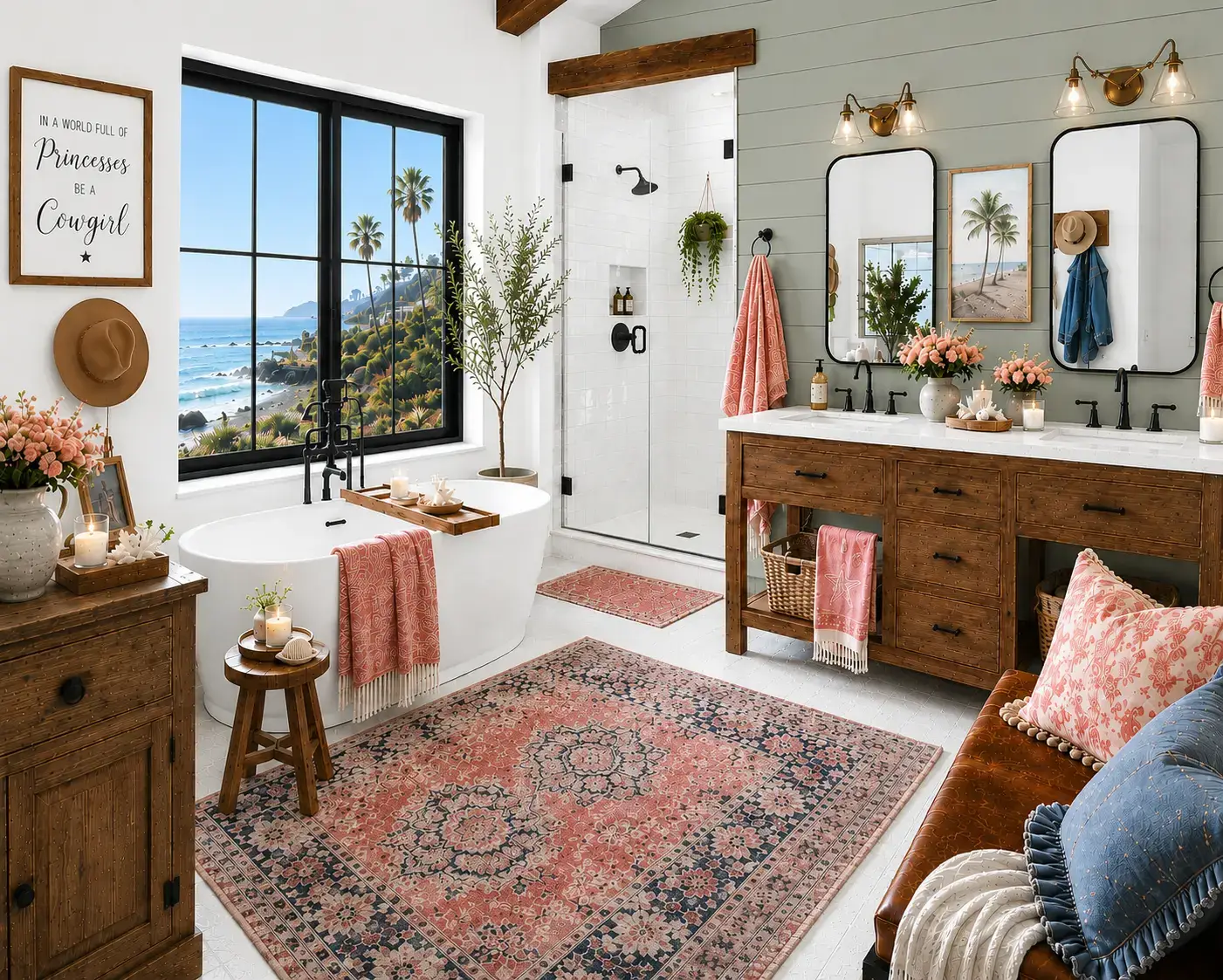 A bathroom with a freestanding tub beneath a large black-framed window overlooking the coast, a rustic wood double vanity, black fixtures, pink patterned rugs and towels, fresh flowers, coastal artwork, and a leather seating area with blue accent pillows.