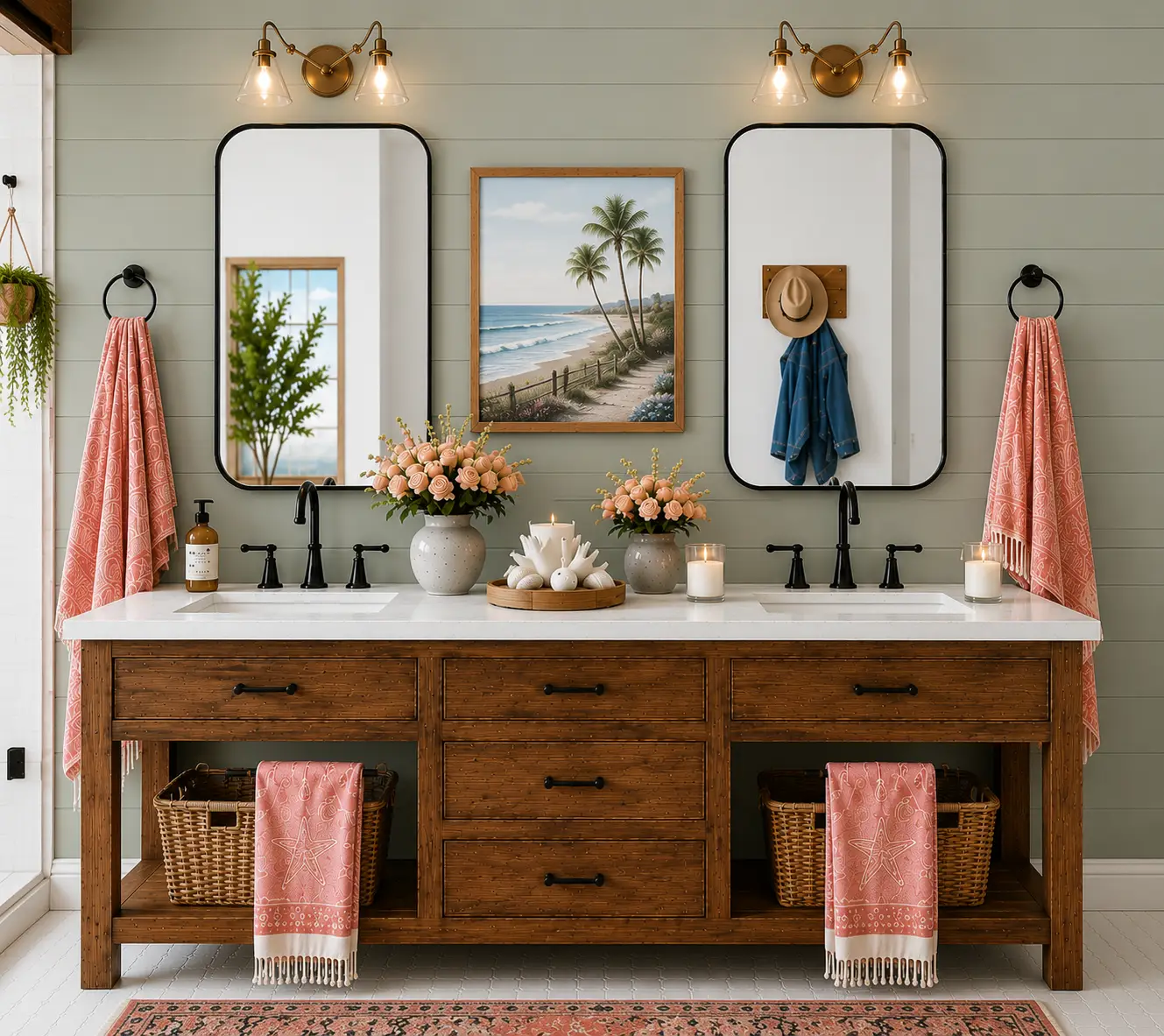 Front-facing view of a rustic wood double vanity with white quartz countertop, black mirrors, brass sconces, coral-patterned hand towels, wicker baskets, pink floral arrangements, coastal wall art, and a denim blue towel hanging beside a cowboy hat on a wall hook.