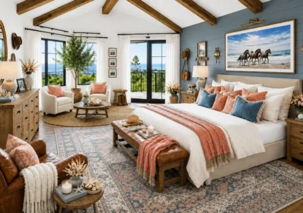 Large bedroom with a warm white bed, terracotta and sea-glass blue pillows, leather bench, rustic wood furniture, white curtains, and coastal horse artwork overlooking an ocean view.