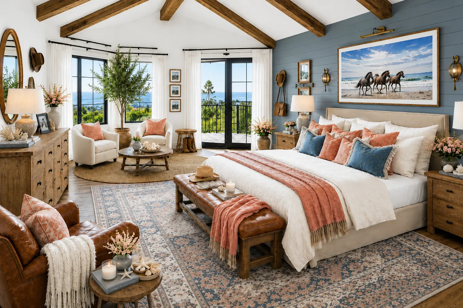 Cowgirl coastal bedroom with exposed wood beams, sea glass blue accent pillows, layered neutral bedding, western horse artwork, natural wood furniture, and relaxed coastal ranch decor.