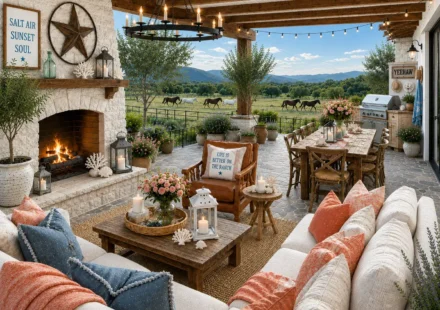Covered outdoor patio featuring a white stone fireplace, cream sectional sofas, terracotta blush and denim blue pillows, rustic wood coffee table, outdoor dining table, lanterns, potted greenery, and open ranch views with grazing horses in the distance.