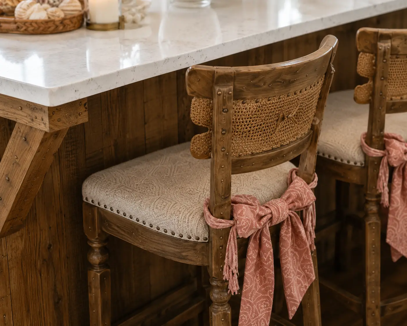 Two woven cane-back bar stools with cream upholstered seats sit beneath a white quartz kitchen island, featuring weathered wood framing and terracotta-patterned fabric bows tied around the chair backs.