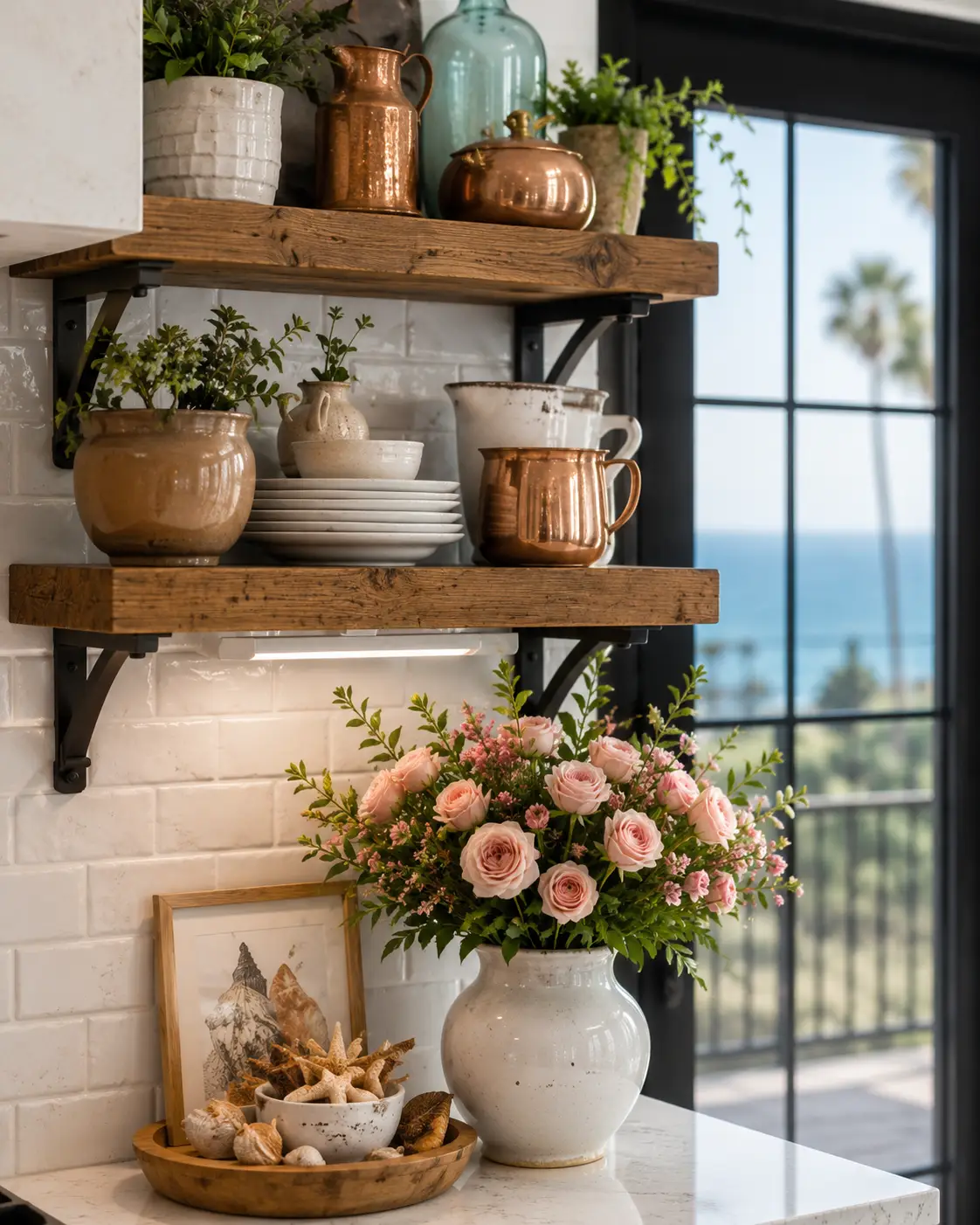 Open rustic wood shelves display copper pitchers, ceramic dishware, glass bottles, and potted greenery above a white subway tile backsplash, while a white ceramic vase filled with pink roses sits beside a tray of shells on a white quartz countertop near a black-framed ocean-view window.