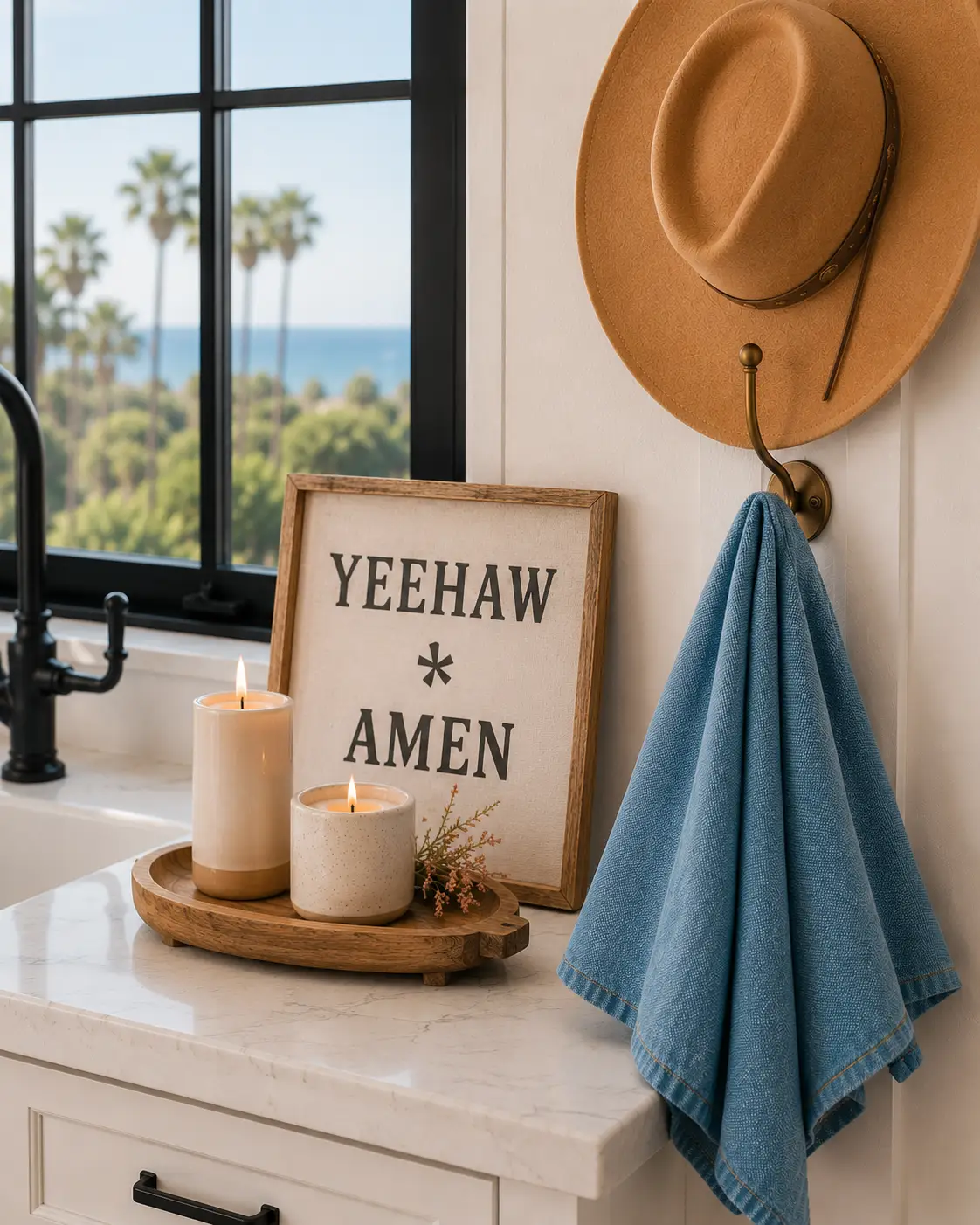 A tan cowboy hat hangs from a brass wall hook beside a blue linen kitchen towel, while a framed “Yeehaw Amen” sign and two candles sit on a wooden tray atop a white quartz countertop near a black-framed window overlooking palm trees and the ocean.
