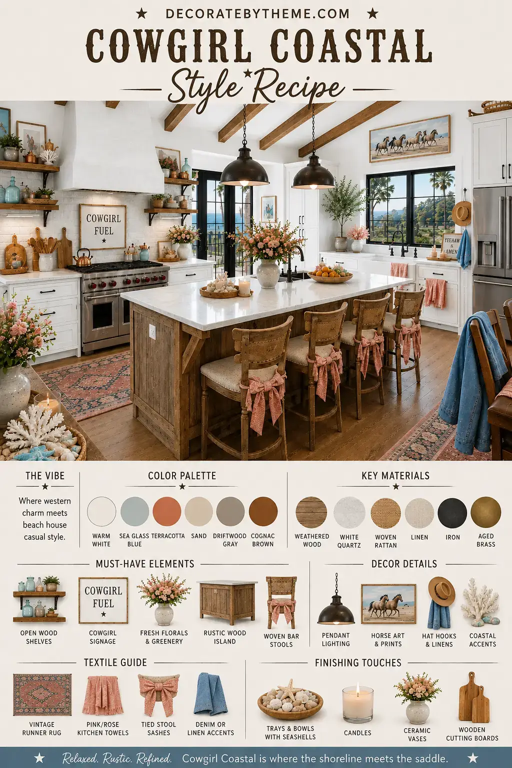 Kitchen style guide infographic showing a Cowgirl Coastal kitchen with color palette, materials, decor elements, textiles, lighting, and styling recommendations.
