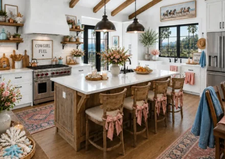 Bright kitchen with a rustic wood island, white cabinetry, woven bar stools, blush floral arrangements, coastal shell decor, black pendant lights, and ocean-view windows.