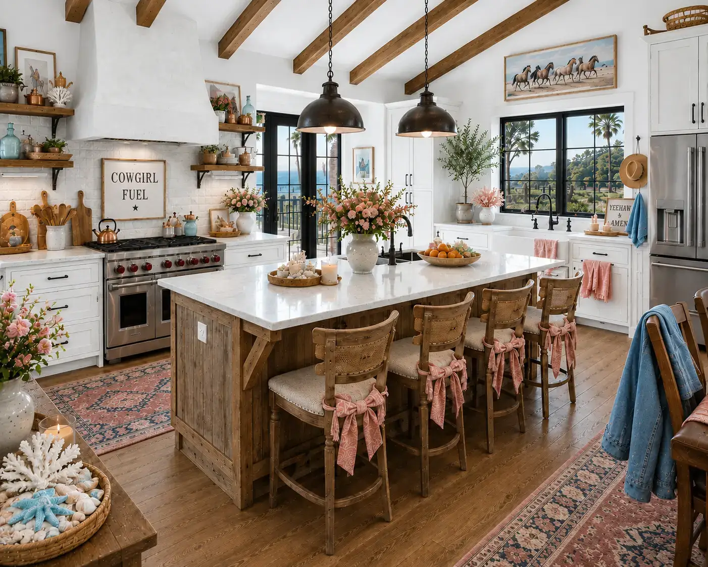 Bright kitchen with a rustic wood island, white cabinetry, woven bar stools, blush floral arrangements, coastal shell decor, black pendant lights, and ocean-view windows.